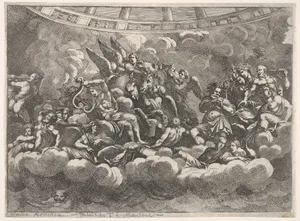 Gathering of various Olympian gods and mythological figures among clouds, Apollo at center with his lyre, Vulcan, Mercury, Hercules, and Hermes to right, various figures below, horses and attendants behind in center, from 'Giove che fulmina li giganti', after the frescoes on the ceiling of the Sala dei Giganti designed by Giulio Romano for the Palazzo del Te, Mantua