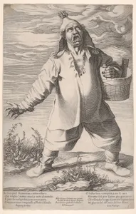 Geminiano Caldarostaro crying out and holding a tub, with a tasseled hat