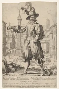 Giovanni Grosso standing on the Quirinal Hill in Rome, with his right arm outstretched and a snake coiled around his foot and sword