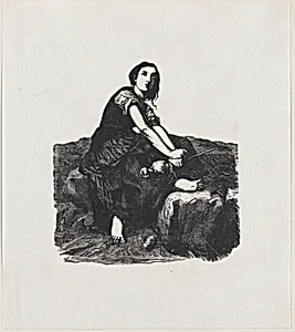 Girl seated on a rock holding a distaff