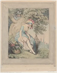 Girl with a Basket and Birdcage Adjusting Her Garter