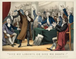 "Give Me Liberty or Give Me Death!–Patrick Henry delivering his great speech on the Rights of the Colonies, before the Virginia Assembly, convened at Richmond, March 23rd, 1775. Concluding with the above sentiment, which became the war cry of the Revolution"
