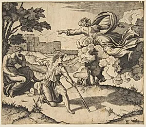 God appearing to Isaac; God floating in clouds pointing toward Rebecca seated under a tree at left, Isaac kneeling in the center holding a large stick and also pointing to Rebecca by Marco Dente|Raphael (Raffaello Sanzio or Santi)