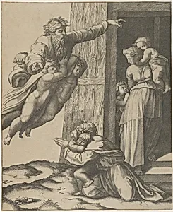 God carried by angels, appearing to Noah and his family, after the Flood by Marcantonio Raimondi|Raphael (Raffaello Sanzio or Santi)