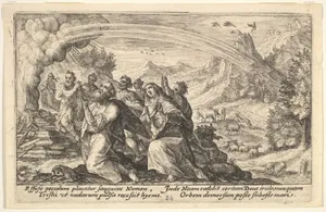 God enters into a covenant with Noah: next to a smoking pyre Noah kneels in a gesture of prayer, surrounded by members of his family, a rainbow stretches over them, from "Liber Genesis"