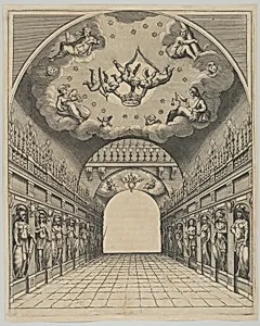 Great hall, from 'Éloges et discours sur la triomphante réception du Roy en sa ville de Paris ...' by Jean-Baptiste de Machault by Melchior Tavernier|Pierre Firens I|Jean-Baptiste de Machault|Abraham Bosse