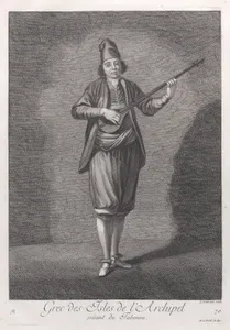 Grec des Isles de l'Archipel, joüant du Taboura, plate 70 from "Recueil de cent estampes représentent differentes nations du Levant"