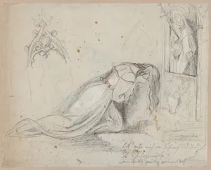Gretchen in Prayer before a Statue of the Mater Dolorosa (recto); Studies of a Woman and Man's Head (verso)