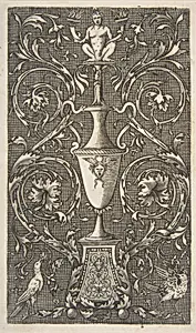 Grotesque with a vase, birds and acanthus scrolls