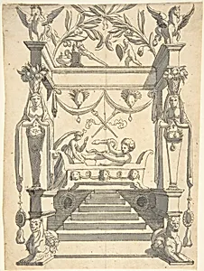 Grotesque with an Architectural Structure with a Young Boy on a Bed, Holding a Snake. by Cornelis Bos|Anonymous, Italian, 16th century