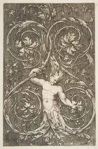 Grotesque with male figure with lower body and head of acanthus scrolls