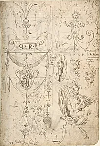 Grotesques Designs with Various Inscriptions (recto); Candelabra Grotesque and Two Putti Holding Flowers (verso) by Andrés de Melgar