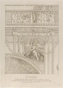 Grotesques: detail of the stucco reliefs decorating the Colosseum in Rome, with a winged figure hovering between two pairs of columns