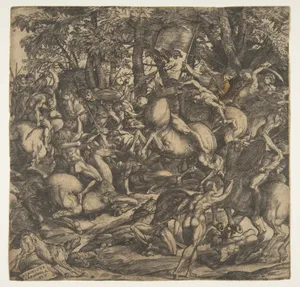 Group of naked men engaged in battle in a wooded landscape, some on horseback; a dog at lower left.