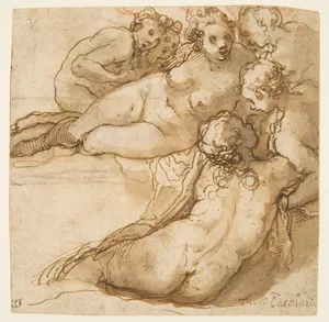 Group of Six Reclining Nude Women (Nymphs Bathing) (recto); Sketch of a Leg (verso)