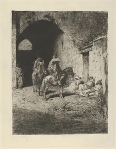 Guards on horseback at the entrance to the Kasbah in Tetuan, figures sitting on the ground