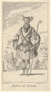 Habit de Faune: a faun wearing a tonnelet with a flute attached, a cane in his right hand and vines around his horns, from 'New designs for costumes' (Nouveaux desseins d'habillements à l'usage des balets operas et comedies)