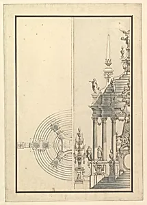 Half Elevation and Half Ground Plan for a Catafalque: Columns Supporting a Stepped Dome with 2 Obelisks Surmounted by Figure of Fame by Giuseppe Galli Bibiena