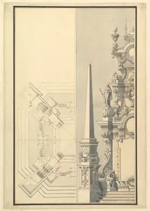 Half elevation and half ground plan for a catafalque for Margherite Louise d'Orleans, Granduchess of Tuscany (1645-1721)