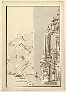 Half Ground Plan and Half Elevation of a Catafalque for Cosimo III dei Medici, Grand Duke of Tuscany (1642-1723) by Giuseppe Galli Bibiena