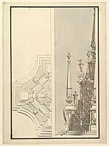 Half Ground Plan, Half elevation for a Catafalque for a Duchess de Berri by Giuseppe Galli Bibiena