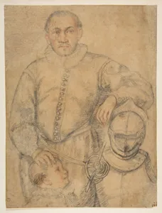 Half-Length Study of a Man Standing in Frontal View, Leaning on Armor and Accompanied by a Boy