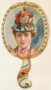 Hand mirror with woman in floral hat with blue ribbont, from the Novelties series (N122) issued by Gail & Ax Tobacco to promote Navy Long Cut