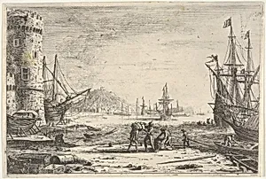Harbor with large tower at left, and figures in the foreground by Claude Lorrain (Claude Gellée)