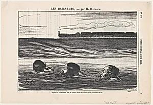 Having had the ambitious idea to outswim the train, from 'The bathers,' published in Le Petit Journal pour Rire, August 6, 1864 by Honoré Daumier