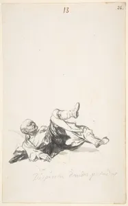 'He Wakes Up Kicking'; a man on the floor kicking his legs after waking from a nightmare; page 13 from the Witches and Old Women Album (D)