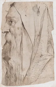 Head of a Bearded Man Wearing a Hood in Profile Facing Left