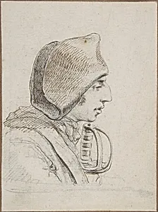 Head of a soldier in profile, with a sword handle
