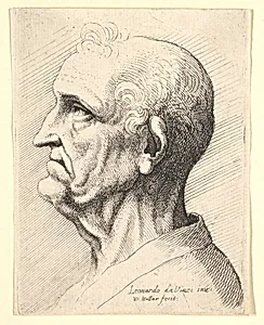 Head of an old man with tufts of curly hair around ear in profile to left by Leonardo da Vinci|Wenceslaus Hollar