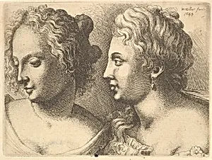 Heads of two young women by Leonardo da Vinci|Wenceslaus Hollar
