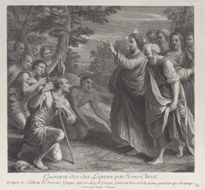 Healing of the ten lepers by Christ, who stands at right