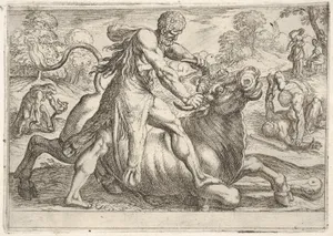 Hercules and Achelous: at center Hercules grasps the horns of a bull while pressing his right foot onto its leg, at left Hercules wrestles a serpent, at right Hercules wrestles a male figure on the ground, from the series 'The Labors of Hercules'