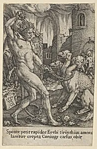 Hercules and Cerberus, from "The Labors of Hercules" by Heinrich Aldegrever