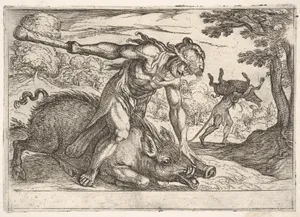 Hercules and the Boar of Erymanthus: Hercules holds down the boar's snout with his left hand and raises his club with his right hand, in the middle ground Hercules carries the boar on his shoulders, from the series 'The Labors of Hercules'