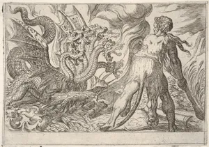Hercules and the Hydra of Lerna: Hercules grasps his club with both hands and confronts the seven-headed hydra, from the series 'The Labors of Hercules'