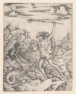 Hercules and the Hydra; wielding a torch he attacks the winged, multi-headed Hydra in rocky landscape, a hawk attacks a heron in the sky