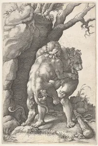 Hercules and the Nemean Lion: Hercules grasps the shoulders and chest of the lion, which is viewed from the back, beside a rocky outcrop