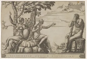 Hercules at the cross-roads, he is seated at the right, to the left are female personifications of Virtue and Vice