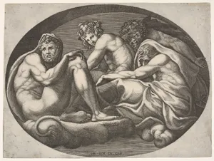 Hercules, Bacchus, Pan, and another god seated on a cloud under an arch, an oval composition, from a series of eight compositions after Francesco Primaticcio's designs for the ceiling of the Ulysses Gallery (destroyed 1738-39) at Fontainebleau