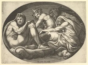 Hercules, Bacchus, Pan, and Saturn, from a series of eight compositions after Francesco Primaticcio's designs for the ceiling of the Ulysses Gallery (destroyed 1738–39) at Fontainebleau