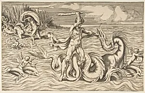 Hercules fight adragon in the centre, Achelous carrying off Deianeira upper left by Giulio Bonasone