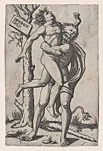 Hercules, grasping Antaeus at the waist with both arms and lifting him off his feet, in background at right the ruins of a temple, at left a group of trees against which are posed a club and the skin of a lion by Marcantonio Raimondi