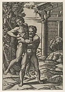 Hercules holding Antaeus by the waist and lifting him off his feet by Marcantonio Raimondi|Giulio Romano|Raphael (Raffaello Sanzio or Santi)