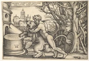 Hercules, in profile, killing the Nemean lion with his arm around its neck, from 'The labors of Hercules'