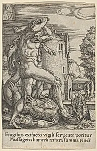 Hercules Killing the Dragon Ladon, from "The Labors of Hercules" by Heinrich Aldegrever