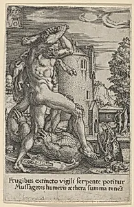 Hercules Killing the Dragon Ladon, from The Labors of Hercules by Heinrich Aldegrever